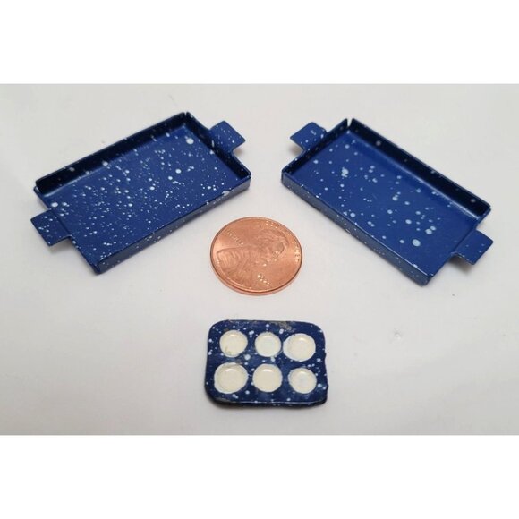 Vintage Lot of 22 Miniature Blue Enamel Speckled Design Dollhouse Kitchenware - Picture 8 of 9